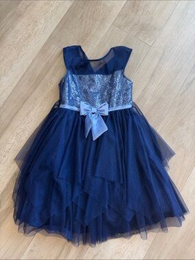 Jona Michelle Navy Sequin & Tulle Party Dress with Satin Bow